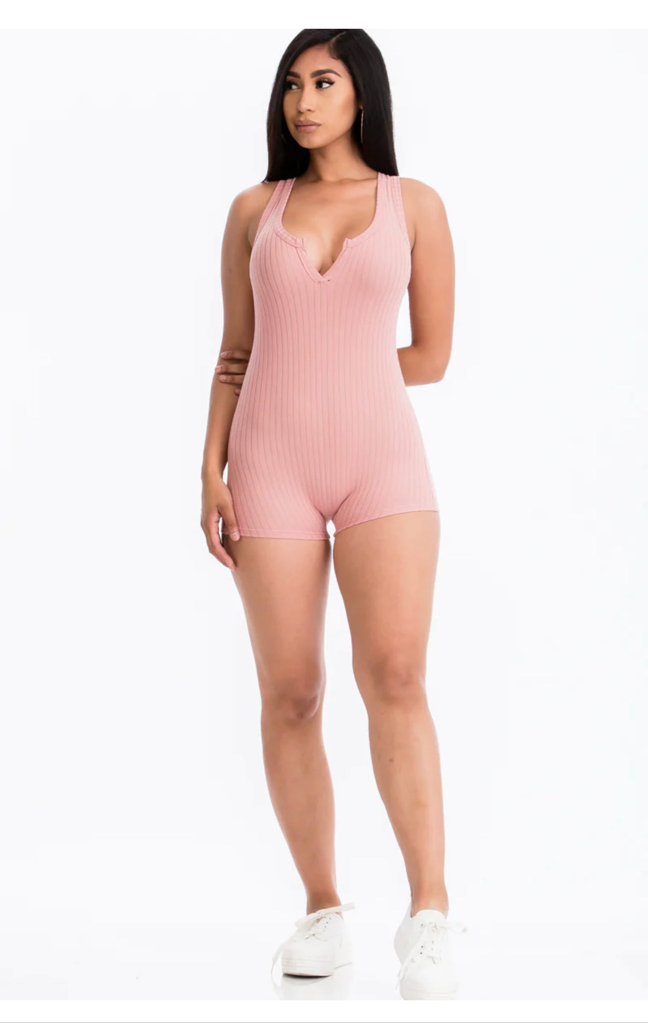 Ribbed Slit Neckline Sleeveless Romper