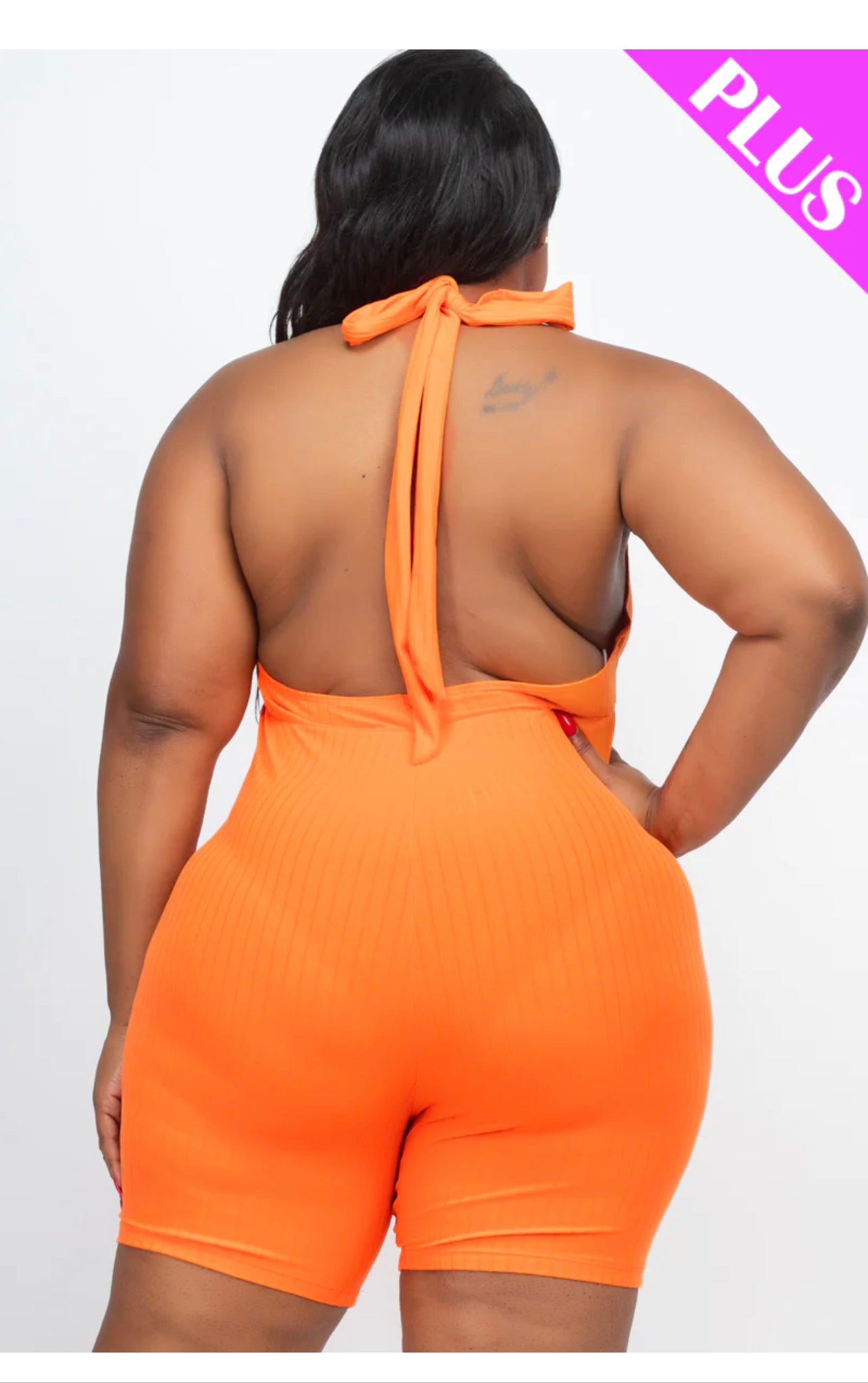 Plus Size Ribbed Halter V-Neck Bodycon Romper