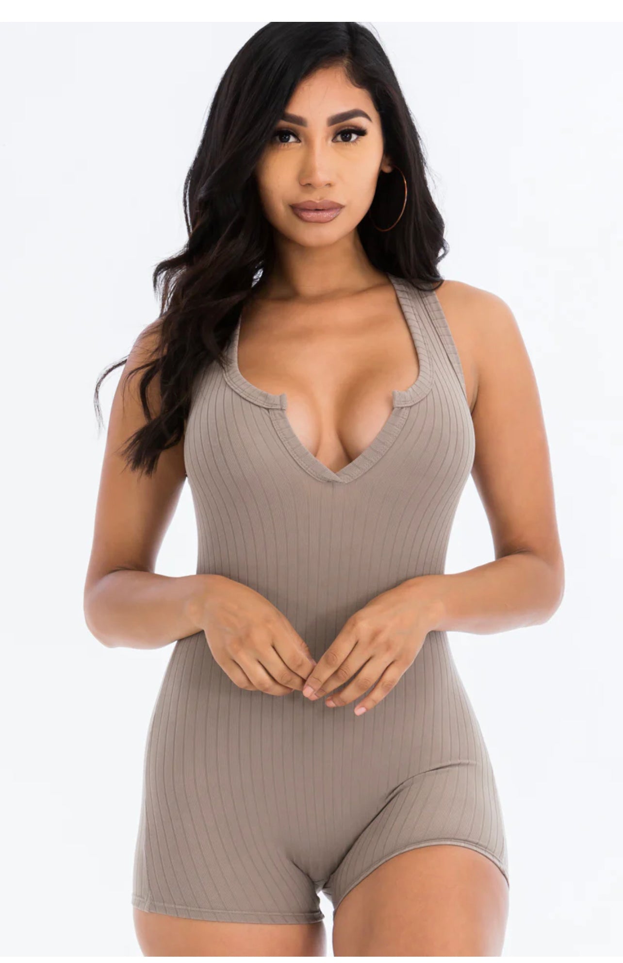 Ribbed Slit Neckline Sleeveless Romper