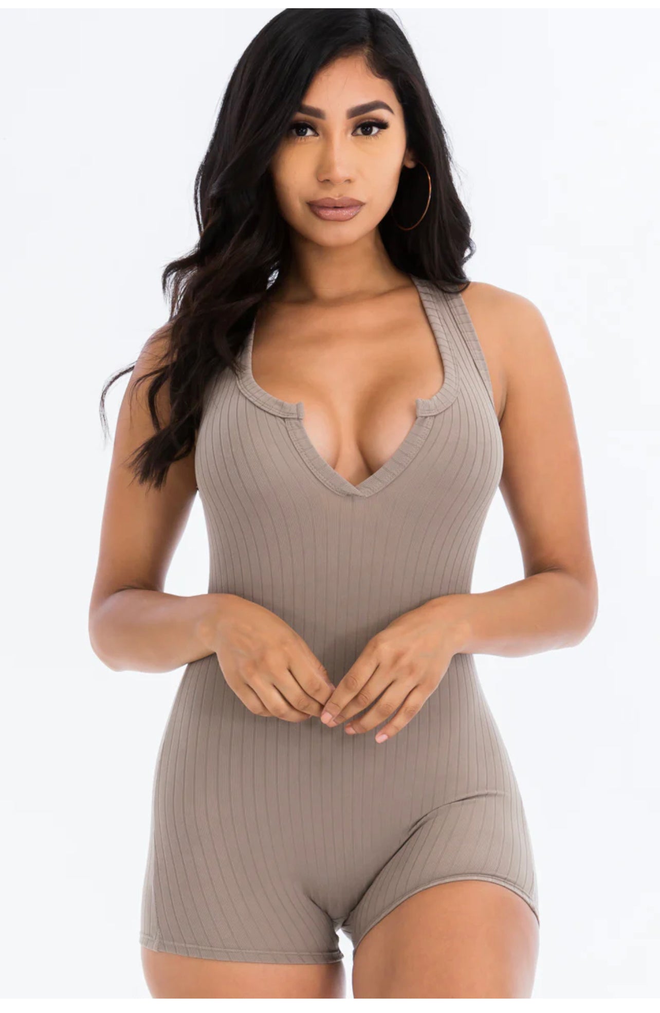 Ribbed Slit Neckline Sleeveless Romper
