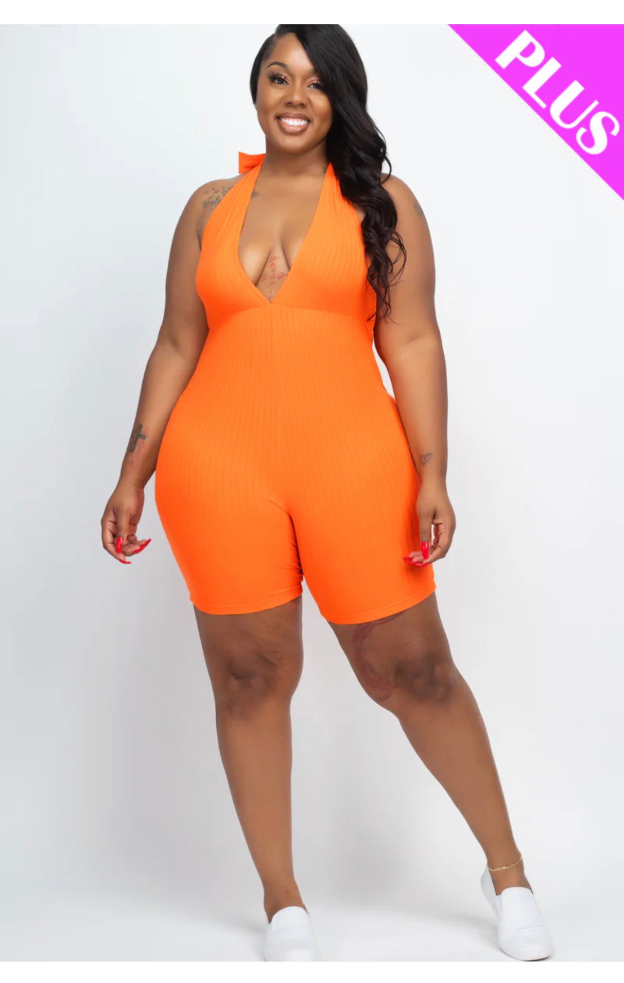 Plus Size Ribbed Halter V-Neck Bodycon Romper