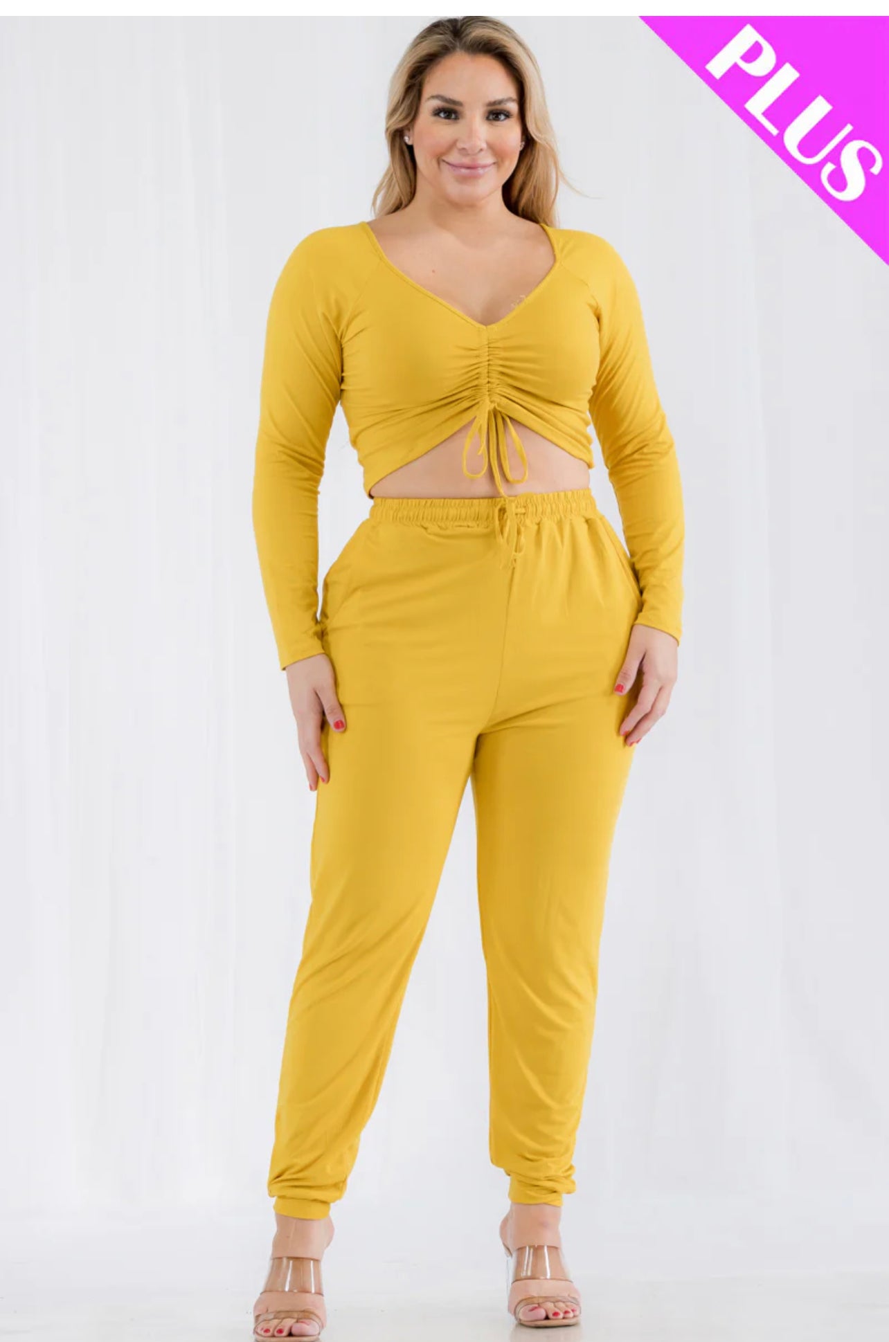 Plus Size Long Sleeve Ruched Crop Top and Joggers Set
