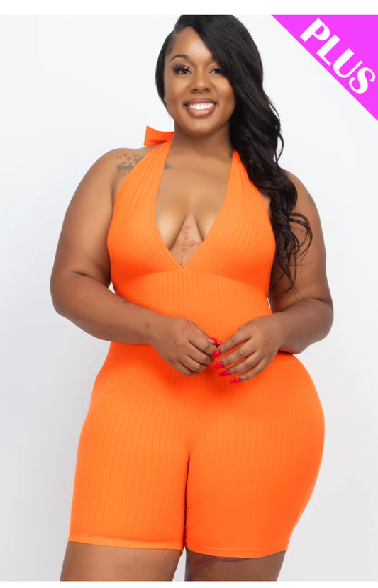 Plus Size Ribbed Halter V-Neck Bodycon Romper