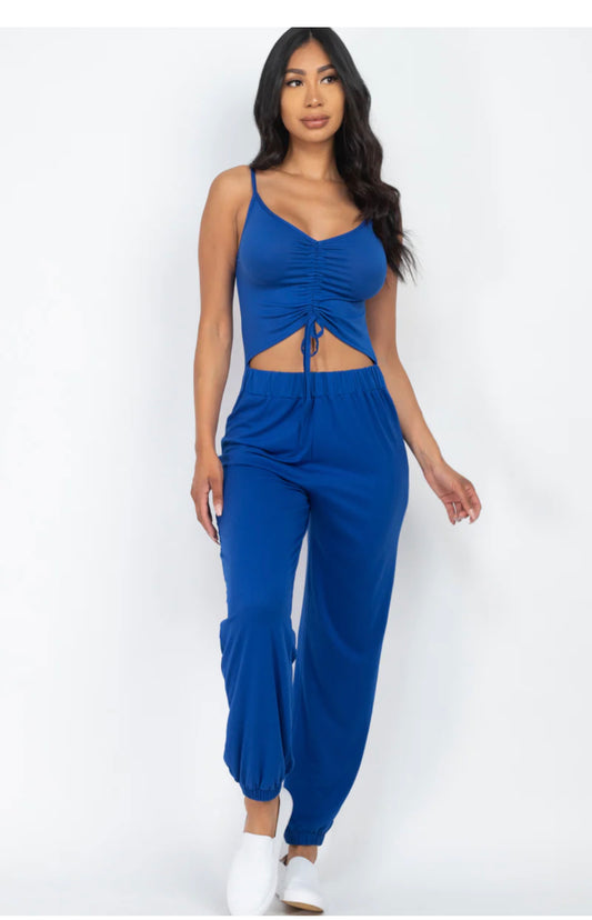 Ruched Front Drawstring Cami Jumpsuit